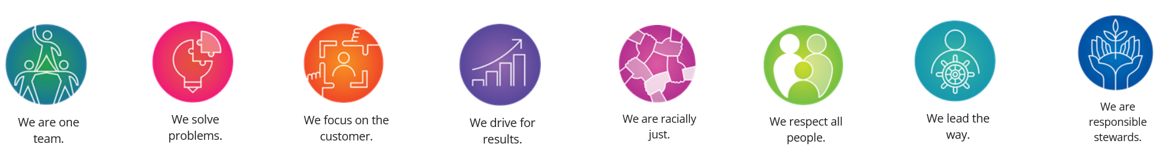 Eight circular icons with text representing values: teamwork, problem-solving, customer focus, results-driven, racial justice, respect for all, leadership, and stewardship.